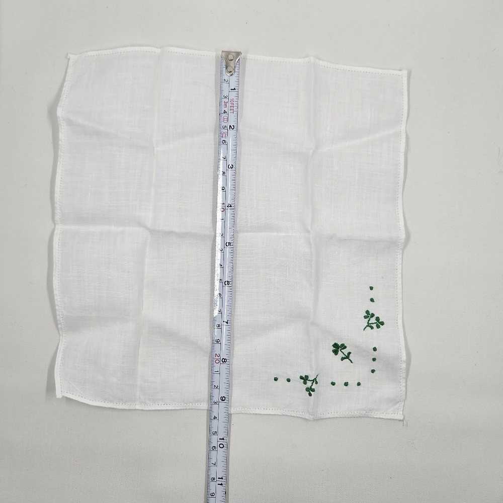 White Irish Linen Handkerchief with Green Shamrock Embroidery Set Of 2 🍀 - Picture 3 of 4